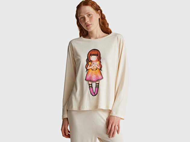 Benetton Kadın Krem Koton Karışımlı Gorjuss Baskılı Pijama üstü