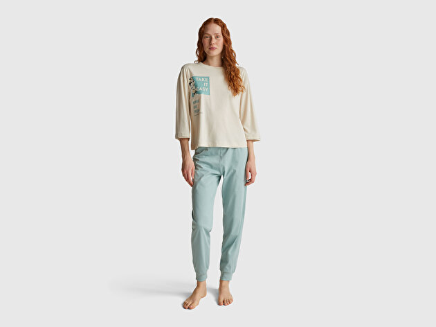 Benetton Kadın Krem Koton Karışımlı Disney Baskılı  Kısa Kollu Pijama üstü