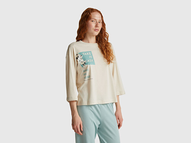 Benetton Kadın Krem Koton Karışımlı Disney Baskılı  Kısa Kollu Pijama üstü