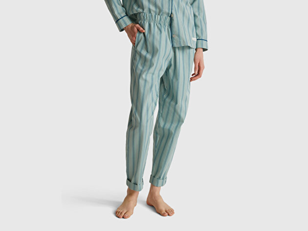 Benetton Kadın Turkuaz %100 Pamuk Kare Desenli Paçası Kıvrık Pijama Altı