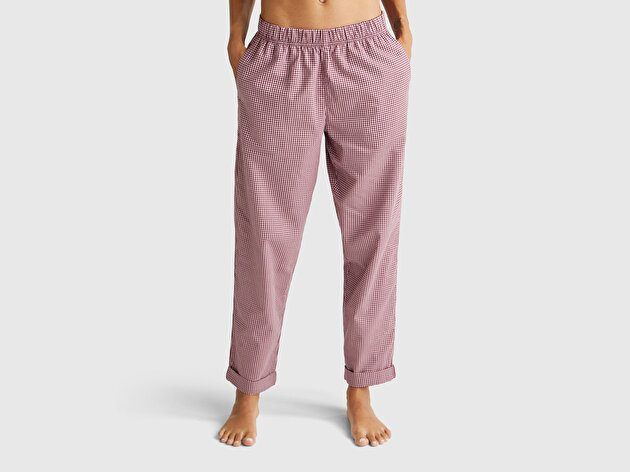 Benetton Kadın Mor %100 Pamuk Kare Desenli Paçası Kıvrık Pijama Altı