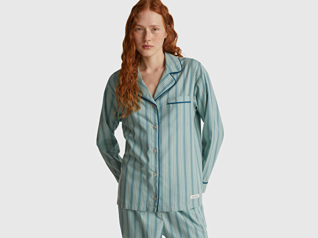 Benetton Kadın Turkuaz %100 Pamuk Kare Desenli Logolu Gömlek Yaka Pijama Üstü