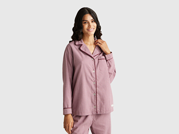 Benetton Kadın Mor %100 Pamuk Kare Desenli Logolu Gömlek Yaka Pijama Üstü