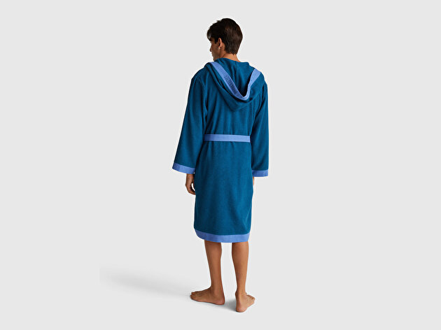 Benetton Unisex Mavi %100 Pamuk Logo Detaylı Kapüşonlu Bağlamalı Bornoz