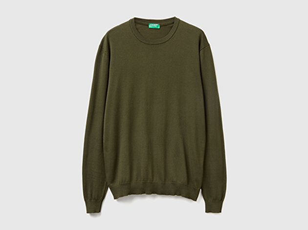 Benetton Erkek Haki  %100 Koton Bisiklet YakaKazak