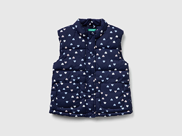Benetton Kız Bebek Lacivert Tamamı Baskılı Fermuarlı Düğmeli Dolgulu Yelek