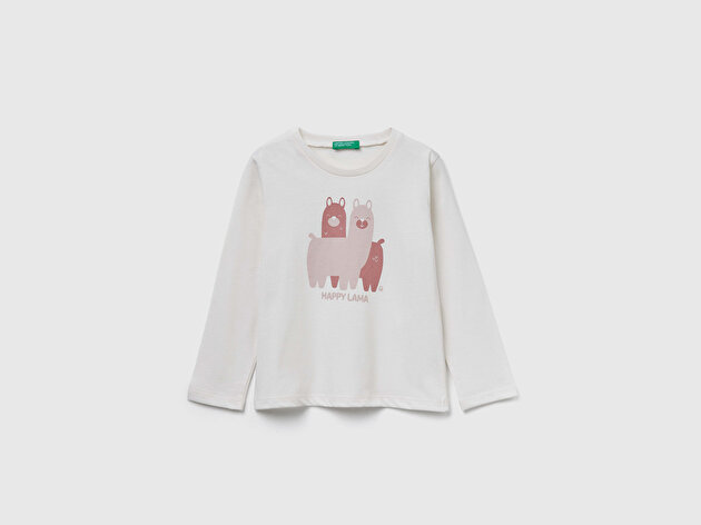 Benetton Kız Bebek Ekru Önü Baskılı Ribana Yakalı Regular Fit Sweatshirt