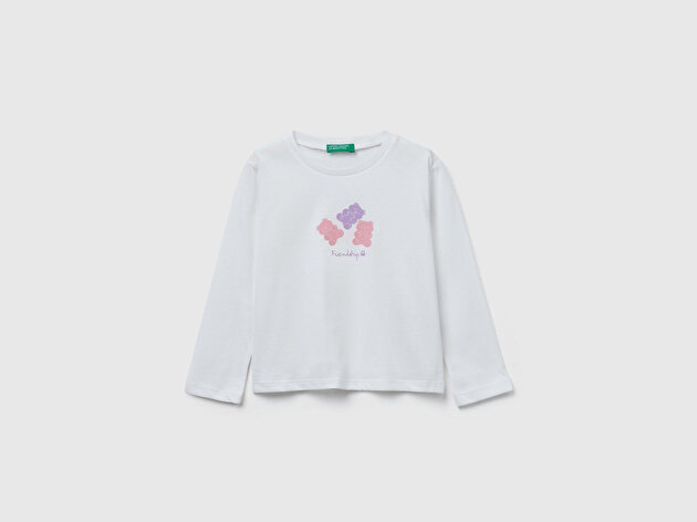 Benetton Kız Bebek Krem Önü Baskılı Ribana Yakalı Regular Fit Sweatshirt