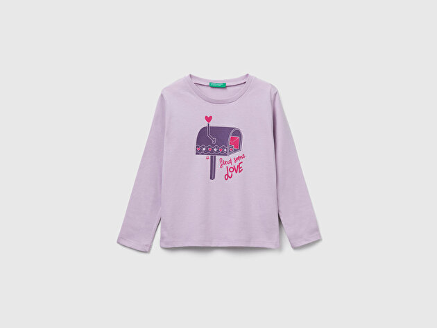 Benetton Kız Bebek Lila Önü Baskılı Ribana Yakalı Regular Fit Sweatshirt