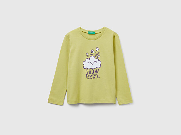 Benetton Kız Bebek Hardal Önü Baskılı Ribana Yakalı Regular Fit Sweatshirt