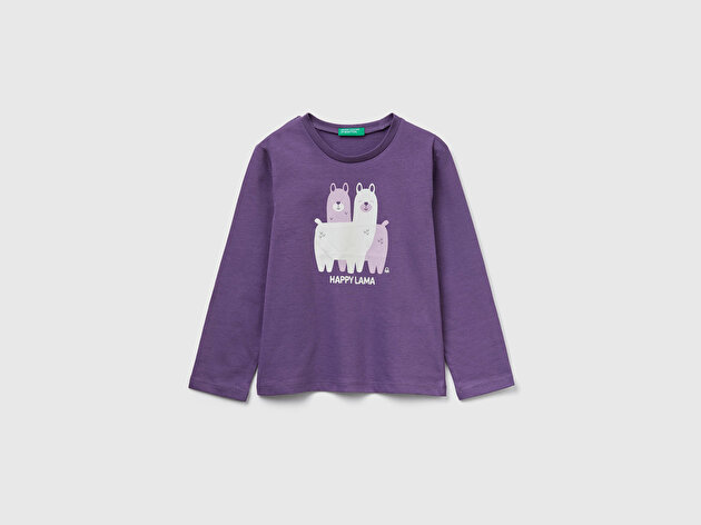 Benetton Kız Bebek Mor Önü Baskılı Ribana Yakalı Regular Fit Sweatshirt