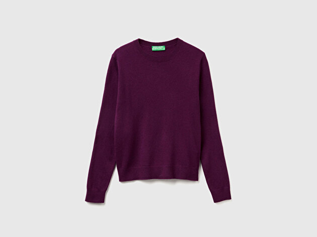 Benetton Kadın Mürdüm %100 Merino Bisiklet Yaka Kazak