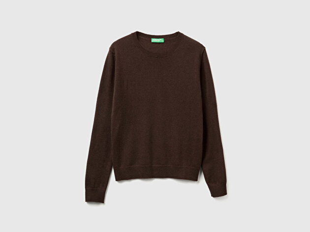 Benetton Kadın Koyu Kahverengi %100 Merino Bisiklet Yaka Kazak