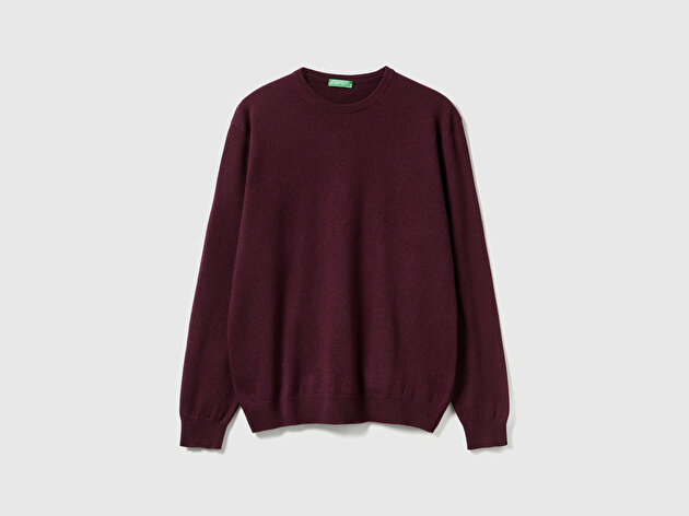 Benetton Erkek Mürdüm %100 Merino Bisiklet Yaka  Kazak