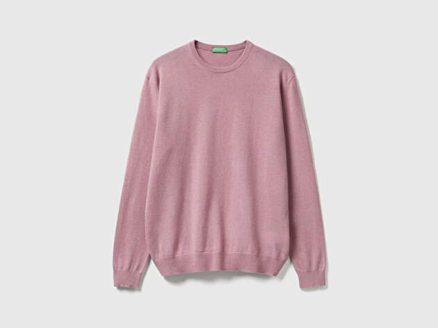 Benetton Erkek Koyu Pembe %100 Merino Bisiklet Yaka  Kazak