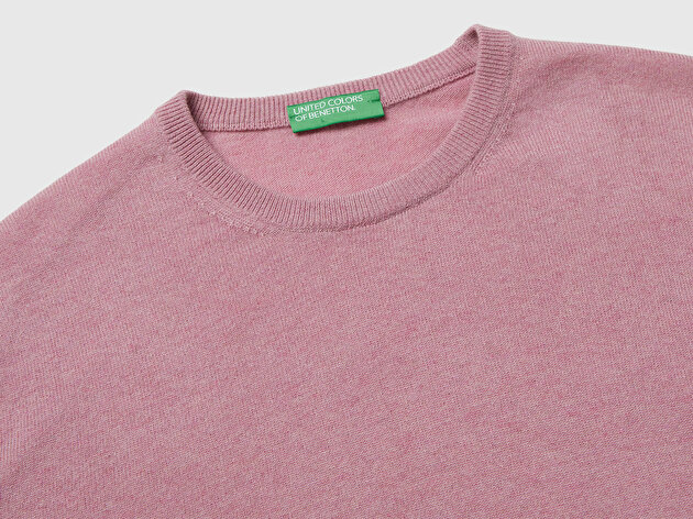 Benetton Erkek Koyu Pembe %100 Merino Bisiklet Yaka  Kazak