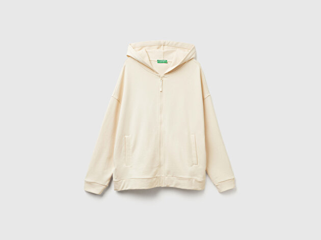 Benetton Kadın Krem Logo Baskı Detaylı Kapüşonlu Relax Fit Sweatshirt