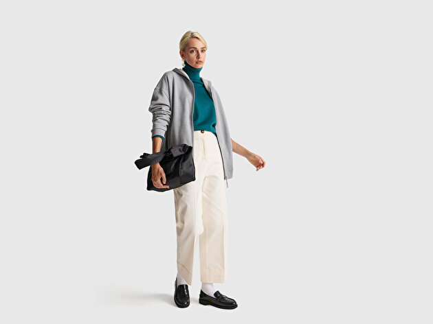 Benetton Kadın Krem Pamuk Karışımlı Düğmeli Paçası Katlamalı Pantolon