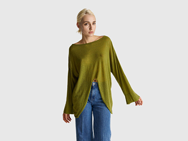 Benetton Kadın Haki Yeşili Alpaka ve Yün Karışımlı Düğme Detaylı Beli Bağlamalı Kazak