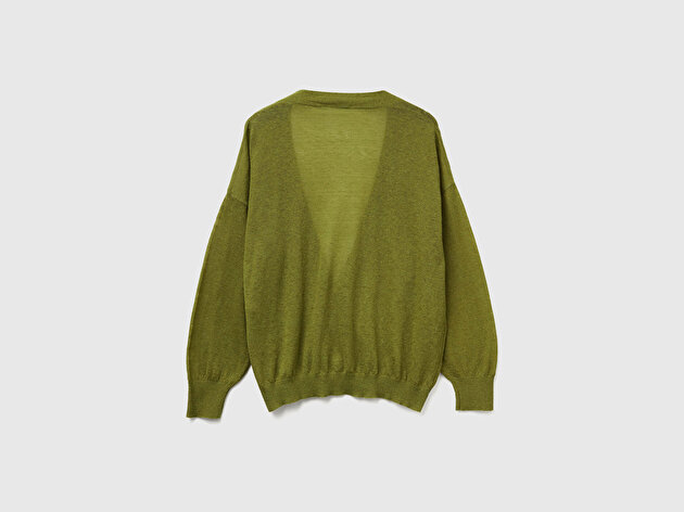 Benetton Kadın Haki Yeşili Alpaka ve Yün Karışımlı Ribana Detaylı Düğmeli Hırka