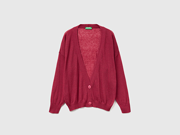 Benetton Kadın Fuşya Alpaka ve Yün Karışımlı Ribana Detaylı Düğmeli Hırka