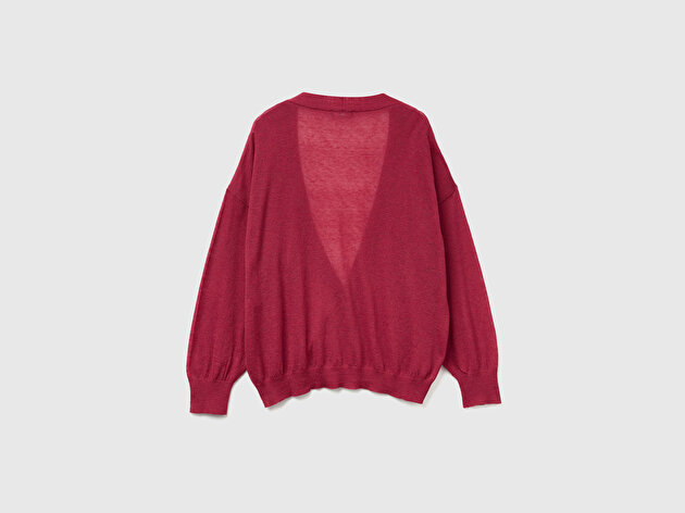 Benetton Kadın Fuşya Alpaka ve Yün Karışımlı Ribana Detaylı Düğmeli Hırka