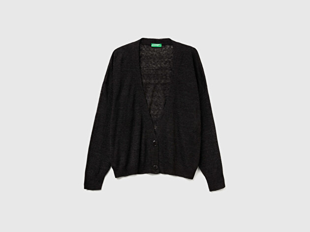 Benetton Kadın Siyah Alpaka ve Yün Karışımlı Ribana Detaylı Düğmeli Hırka