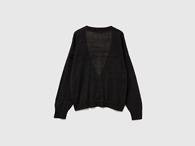 Benetton Kadın Siyah Alpaka ve Yün Karışımlı Ribana Detaylı Düğmeli Hırka