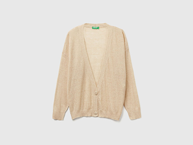 Benetton Kadın Ekru Alpaka ve Yün Karışımlı Ribana Detaylı Düğmeli Hırka