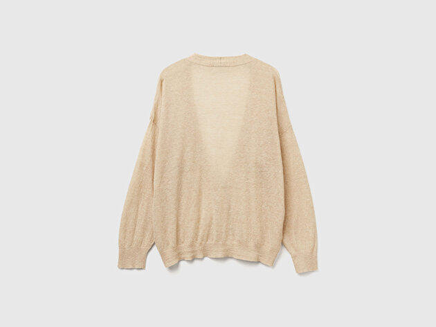 Benetton Kadın Ekru Alpaka ve Yün Karışımlı Ribana Detaylı Düğmeli Hırka