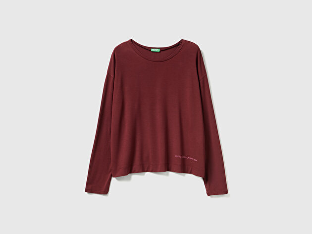 Benetton Kadın Bordo Modal Karışımlı Yırtmaçlı Bisiklet Yaka Pijama Üstü