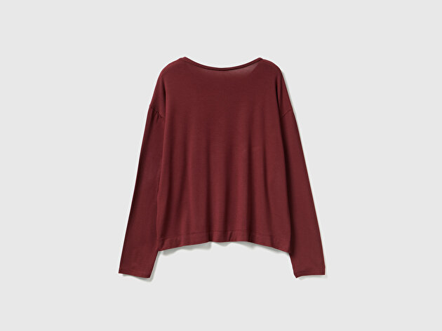 Benetton Kadın Bordo Modal Karışımlı Yırtmaçlı Bisiklet Yaka Pijama Üstü