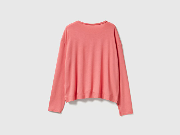 Benetton Kadın Mercan Modal Karışımlı Yırtmaçlı Bisiklet Yaka Pijama Üstü