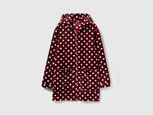 Benetton Kadın Bordo Puantiyeli Cepli Kapüşonlu Peluş Sabahlık