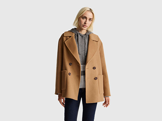 Benetton Kadın Kahverengi  Yün ve Viskoz Düğmeli Karışımlı Kruvaze Kısa Kaban