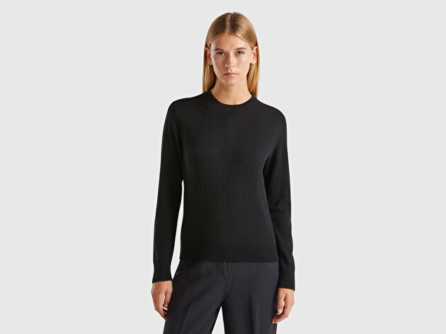 Benetton Kadın Siyah %100 Kaşmir Bisiklet Yaka Düz Kazak