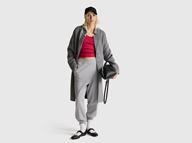 Benetton Kadın Gri Melanj %100 Pamuk Manşetli Beli Lastikli Regular Fit Eşofman Altı