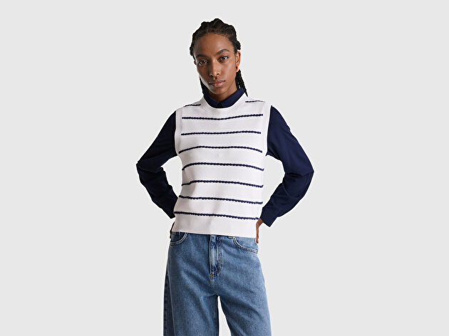 Benetton Kadın Ekru-Gri Mix Viskoz ve Akrilik Karışımlı Çizgili Kolsuz Kazak