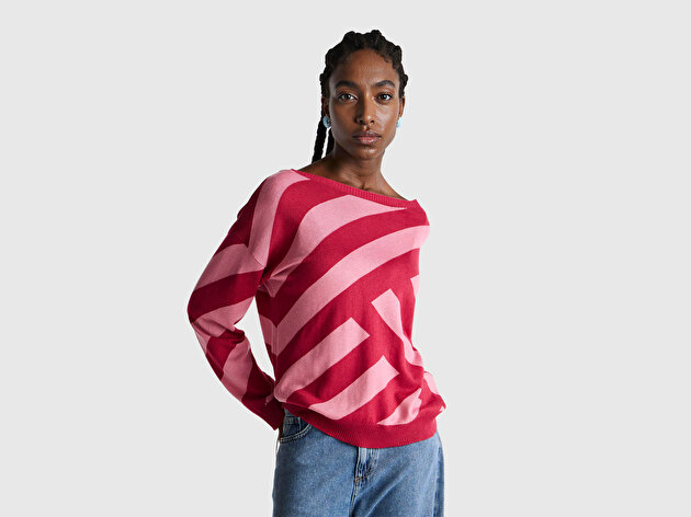 Benetton Kadın Fuşya Viskoz ve Yün Karışımlı Çizgi Desenli Kayık Yaka Kazak