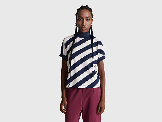 Benetton Kadın Lacivert %100 Pamuk Çift Renk Bloklu T-Shirt