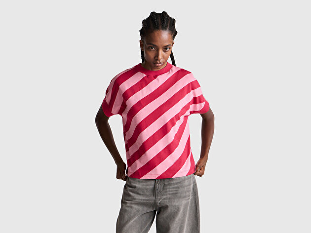 Benetton Kadın Fuşya %100 Pamuk Çift Renk Bloklu T-Shirt