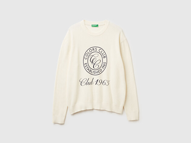 Benetton Erkek Krem %100 Koton_Bisiklet Yaka Rahat Kalıp Kazak