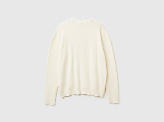 Benetton Erkek Krem %100 Koton_Bisiklet Yaka Rahat Kalıp Kazak