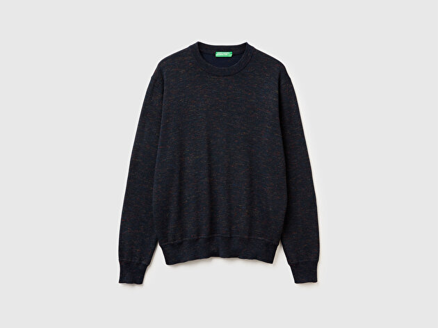 Benetton Erkek Lacivert Yün Karışımlı Bisiklet Yaka  Çoklu Renk Efekli Triko