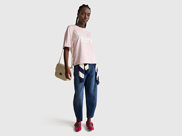 Benetton Kadın Açık Pembe %100 Pamuk Önü Yazı Baskılı Bisiklet Yaka T-Shirt