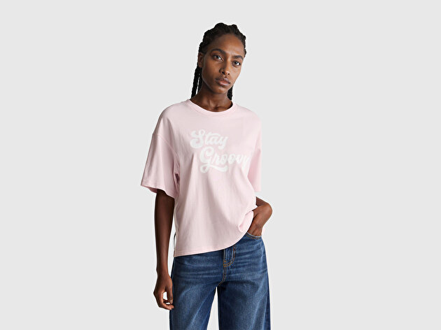 Benetton Kadın Açık Pembe %100 Pamuk Önü Yazı Baskılı Bisiklet Yaka T-Shirt