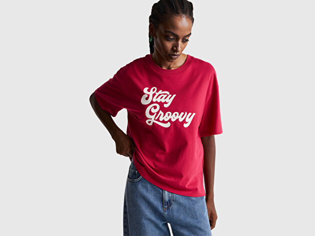 Benetton Kadın Fuşya %100 Pamuk Önü Yazı Baskılı Bisiklet Yaka T-Shirt