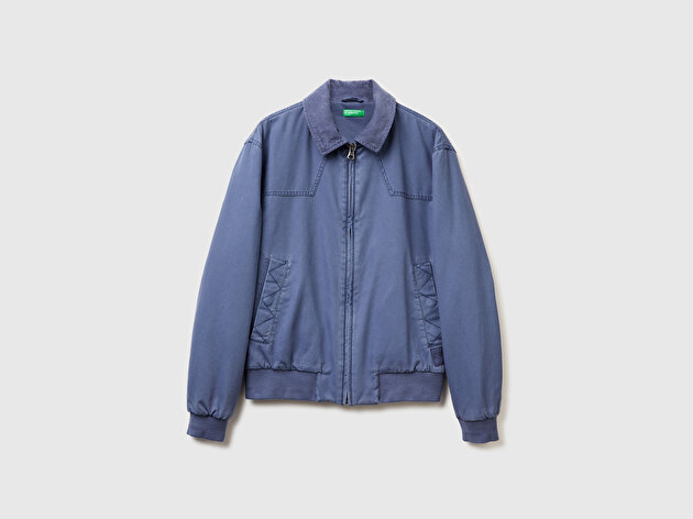 Benetton Erkek Açık Mavi %100 Pamuk Ribana Detaylı Fermuarlı Cepli Gömlek Yaka Ceket