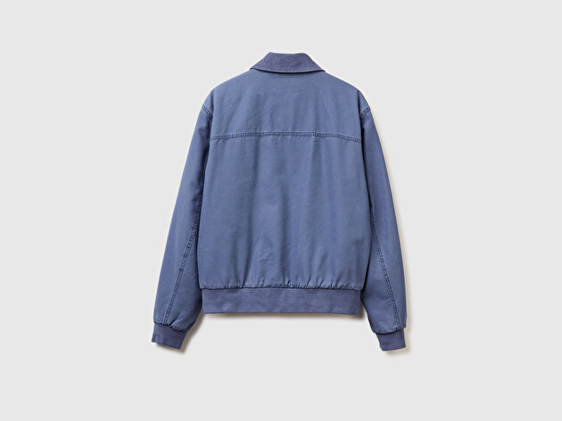 Benetton Erkek Açık Mavi %100 Pamuk Ribana Detaylı Fermuarlı Cepli Gömlek Yaka Ceket