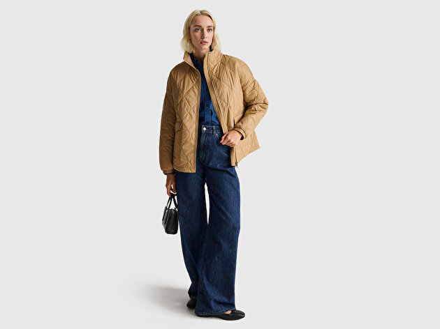 Benetton Kadın Açık Kahverengi Fermuarlı Cepli Dik Yaka Kapitone Mont